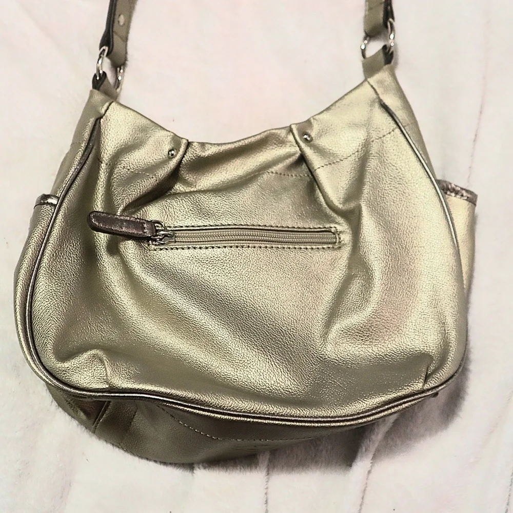 Y2K SATCHEL BAG Kathy New Zealand Light Gold Metallic Handbag 90s Pockets Winter - Picture 7 of 13